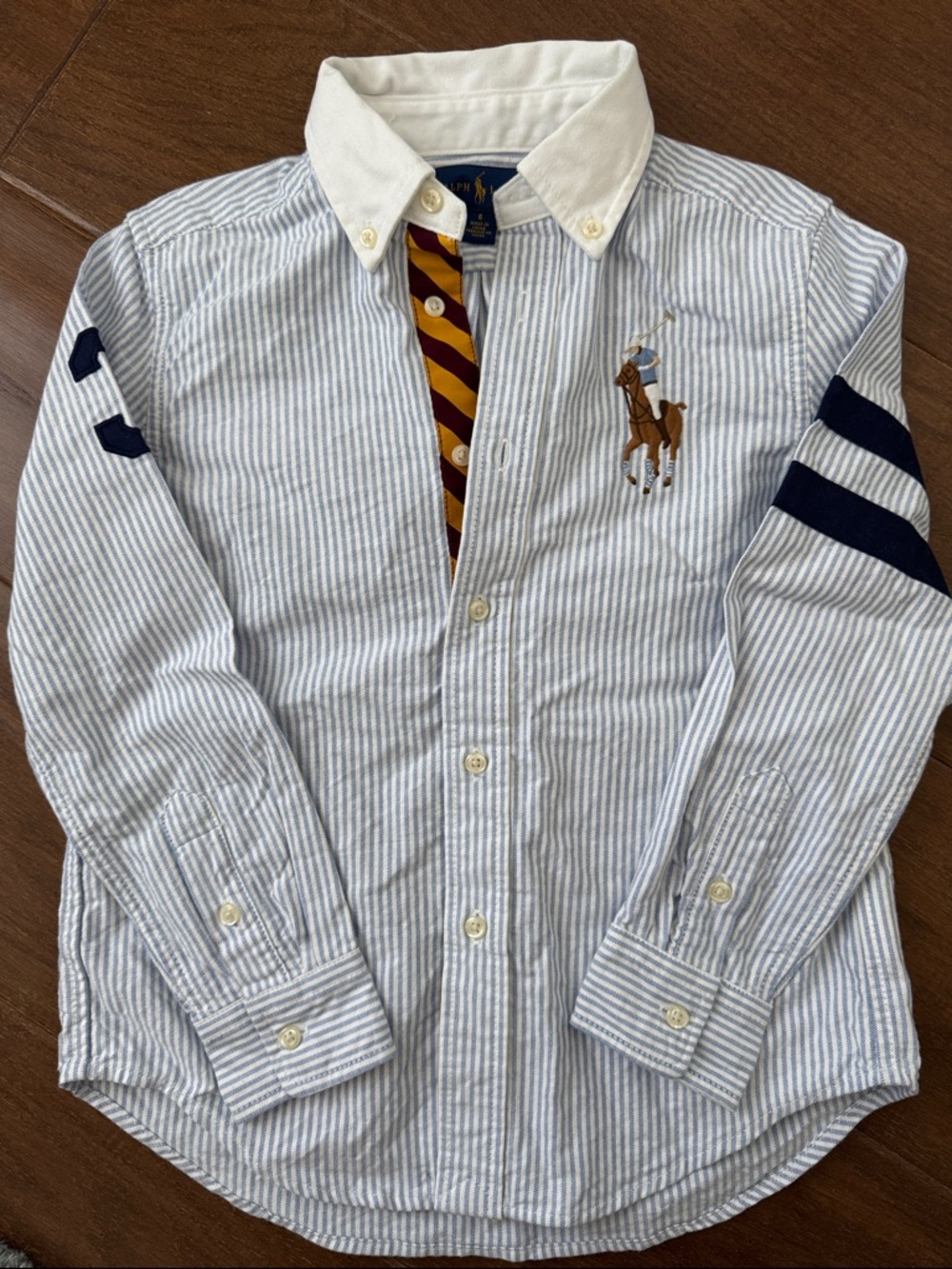 Ralph Lauren Sz 6 Blue & White Striped Button-Down with Polo Player Patch